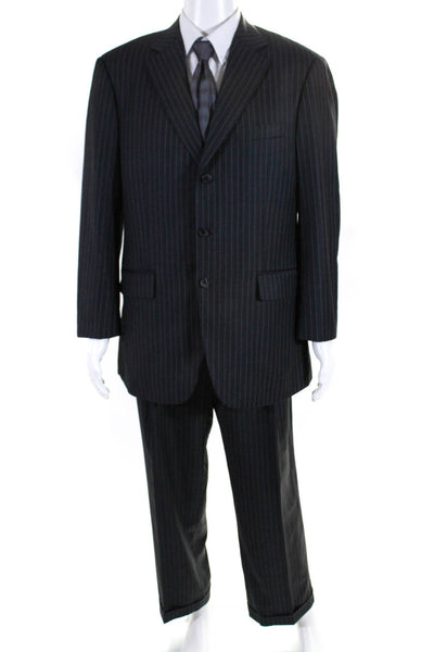John W. Nordstrom Mens Striped Pleated Front Suit Gray Wool Size 42 Regular/36
