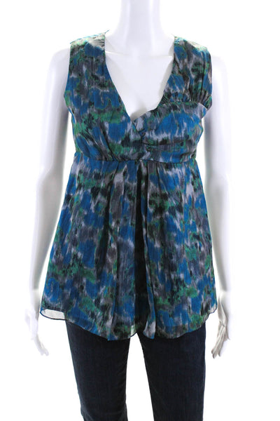 Cynthia Cynthia Steffe Womens Silk V Neck Abstract Print Blouse Blue Size 4