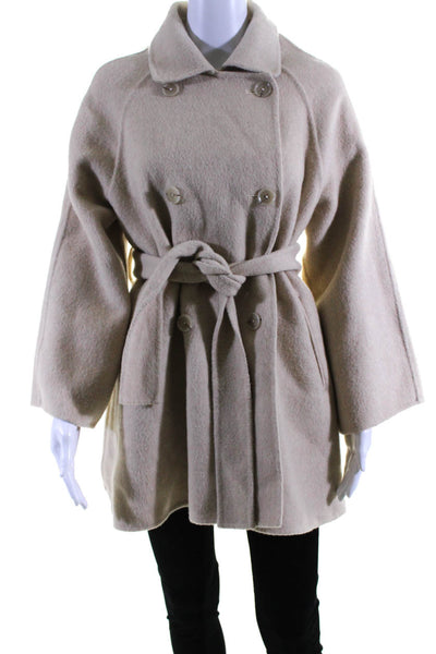 MC Studios Womens Double Breasted Buttoned Collared Belted Coat Beige Size XS
