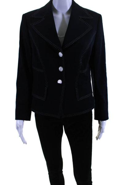 Escada Womens Wide Lapel Button Down Suit Jacket Navy Blue Wool Size EUR 38