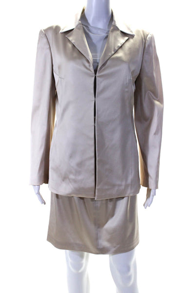 Richard Tyler Womens Satin Long Sleeve Blazer Short Skirt Suit Tan Beige Size 10
