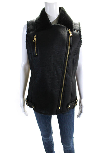 Calvin Klein Women's Collared Sleeveless Full Zip Faux Leather Vest Black Size S