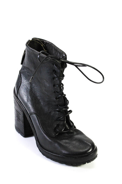 Designer Women's Round Toe Block Heels Lace Up Leather Ankle Boot Black Size 5.5
