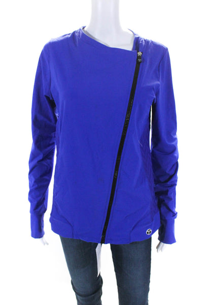Trina Turk Womens Stretch Round Neck  Asymmetrical Zip Up Jacket Blue Size L