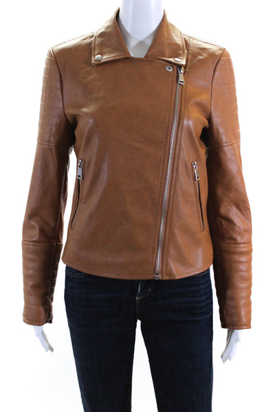 7 For All Mankind Womens Faux Leather Asymmetric Zip Biker Jacket Brown Size S