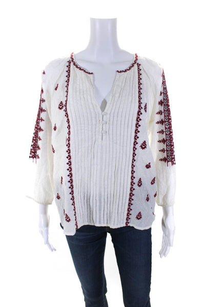 Joie Cotton Long Sleeve Embroidered V Neck Blouse White Size XS