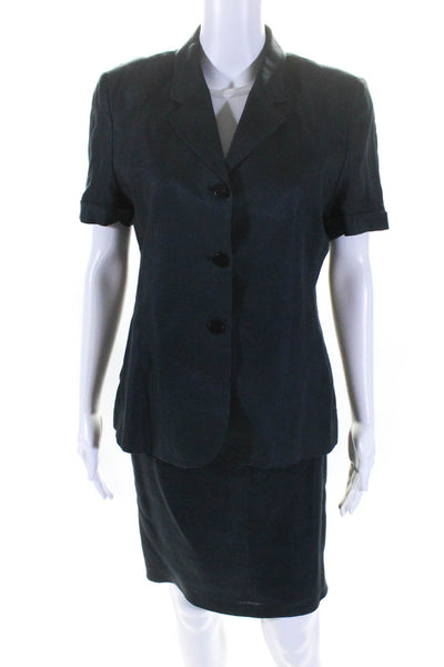 Marina Bravin Womens Navy Linen One Button Short Sleeve Blazer Skirt Set Size 42