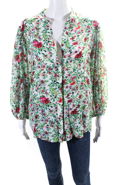 Saloni Womens 3/4 Sleeve V Neck Floral Silk Blouse Top White Green Red Size 10