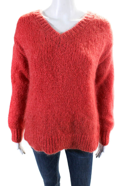 COS Womens Wool Fuzzy Knit V-Neck Long Sleeve Sweater Top Orange Size S