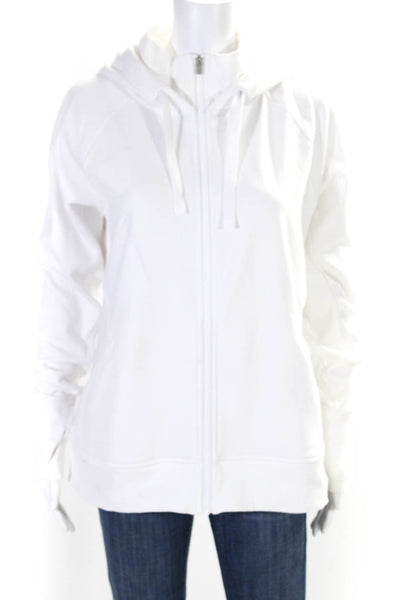 Athleta Womens Front Zip Drawstring Hooded Light Jacket White Cotton Size Large