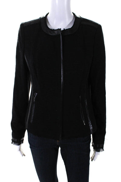Ecru Womens Black Textured Wool Leather Trim Zip Long Sleeve Jacket Size 6