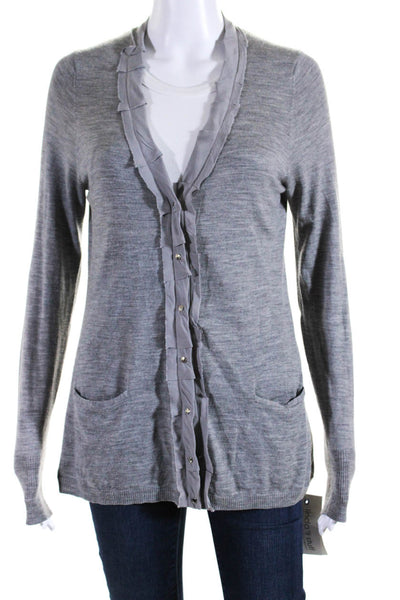 Elie Tahari Womens Button Front V Neck Cardigan Sweater Gray Wool Size Medium
