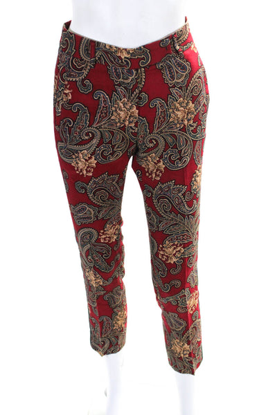 Goen J Womens Silk Paisley Print Pleated Front Straight Leg Trousers Red Size 4