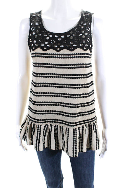 Free People Womens Striped Eyelet Tank Top Beige Black Cotton Size Small