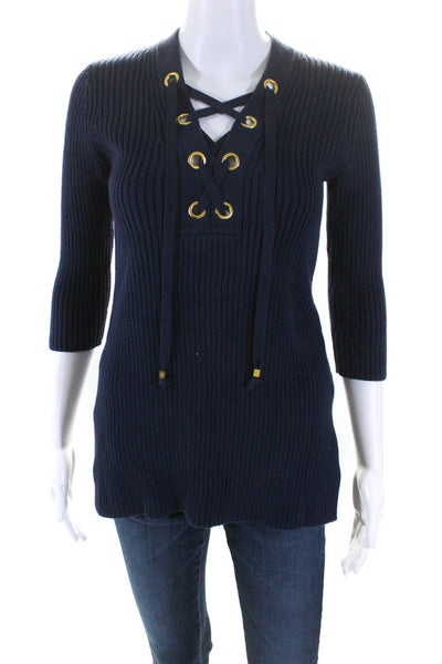 Michael Michael Kors Women's Lace Up Slit Hem Ribbed Sweater Navy Blue Size XS