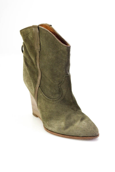 IRO Womens Leather Trim Suede Stacked Wedge Heel Ankle Boots Olive Green Sz 37 7