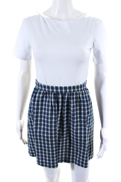 APC Womens Side Zip Knee Length Plaid A Line Skirt Blue White Cotton Size FR 34