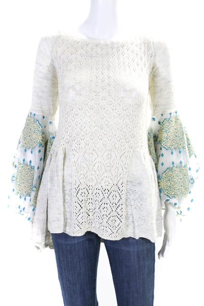 Free People Womens Cotton Blend Open Knit Long Sleeve Blouse Top Blue Size S