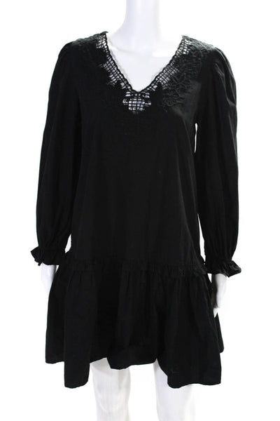J Crew Womens Cotton Embroidered V-Neck Long Sleeve Dress Black Size XS