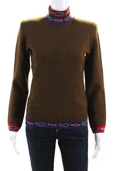Emanuel Ungaro Parallele Womens Paisley Trim Mock Neck Sweater Brown Wool Size 4