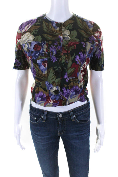 Genny Womens Floral Print Button Down Cropped Shirt Multi Colored Size Small