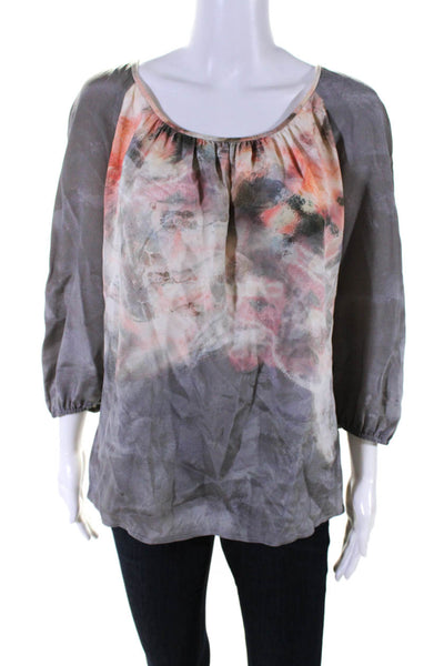St. John Womens 3/4 Sleeve Scoop Neck Silk Abstract Top Gray Multi Size 12