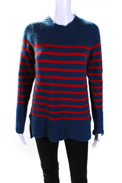 J Crew Womens Cashmere Knit Striped Print Crewneck Sweater Top Blue Red Size M