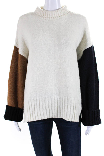 Frame Womens Oversize Color Block Turtleneck Sweater Ivory Tan Navy Size Medium