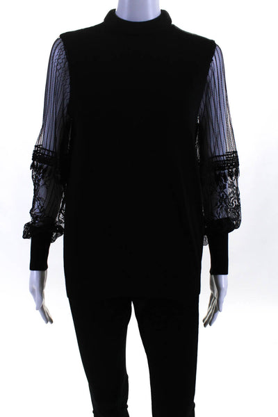 Leo & Ugo Womens Black Turtleneck Lace Long Sleeve Blouse Top Size 2