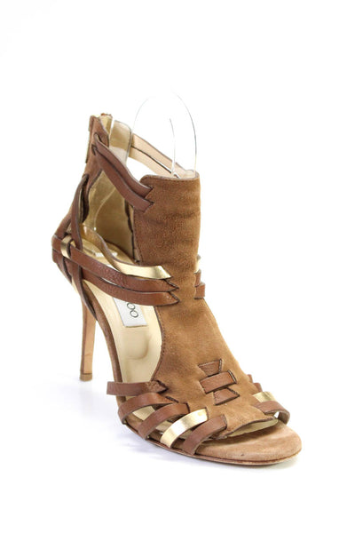 Jimmy Choo Womens Suede Strappy Open Toe Zip Up Sandals Heels Brown Size 37 7