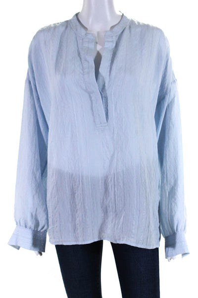 Vince Womens Striped Long Sleeve Y Neck Top Blouse Light Blue Size Large