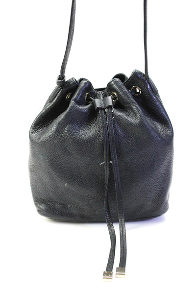 Barneys New York Womens Small Leather Drawstring Crossbody Bucket Handbag Black