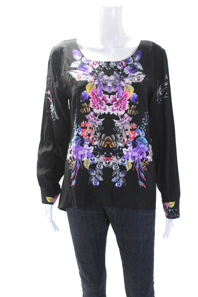 Amanda Uprichard Womens Silk Floral Long Sleeve Pullover Blouse Top Black Size M