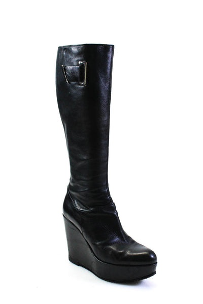 Allison Daniel Womens Leather Platform Knee High Wedge Boots Black Size 8