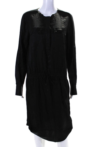 Vince Womens Long Sleeve Satin Twill Drawstring Sheath Shirt Dress Black Medium
