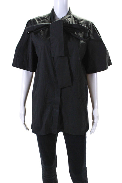 Carolina Herrera Womens Cotton Bell Sleeve Tie Neck Button Up Shirt Black Size 6