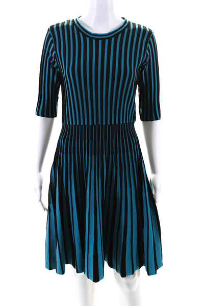 Nanette Lepore Womens Striped 3/4 Sleeves A Line Dress Blue Black Size Medium