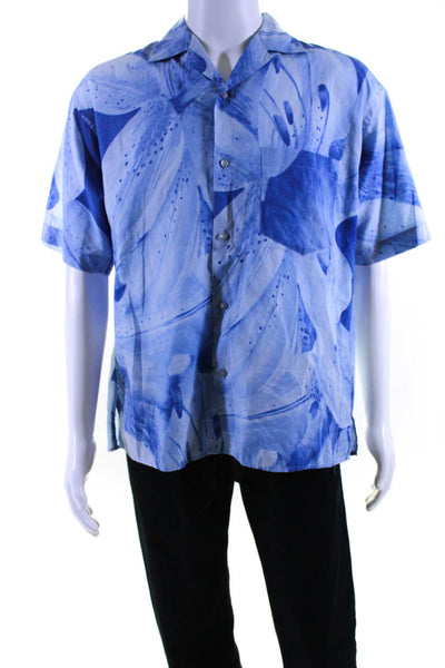 Kenzo Mens Abstract Print Button Down Shirt Blue Cotton Size 3