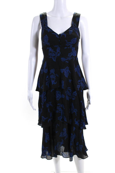 ALC Womens Side Zip Sleeveless V Neck Tiered Paisley Silk Dress Black Blue 0