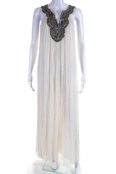 Gerard Darel Womens Silk Beaded V-Neck Sleeveless Maxi Dress Beige Size M