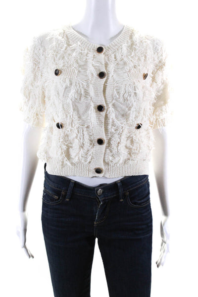 Adorable Womens Fuzzy Knit Button Up Short Sleeve Cardigan Sweater White Size S
