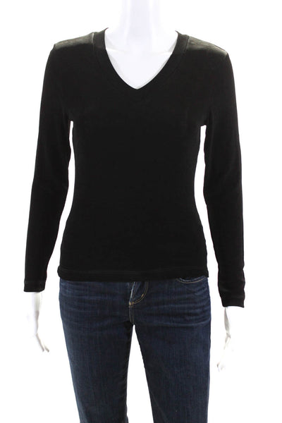 BCBG Paris Womens Mesh Knit Long Sleeve V-Neck Shirt Top Black Size L