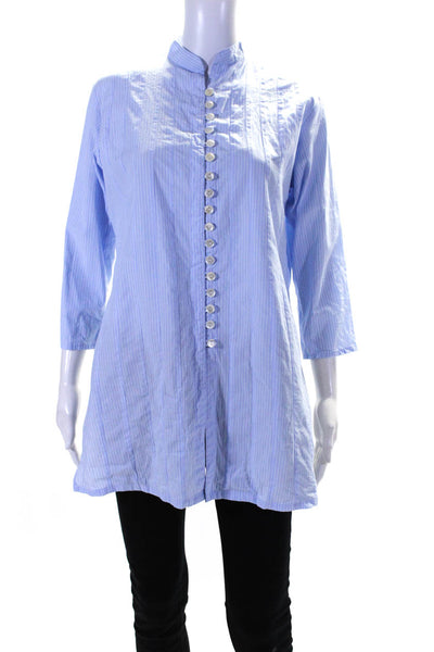 Kemble Womens Striped High Neck Long Sleeve Button Up Blouse Top Blue Size S