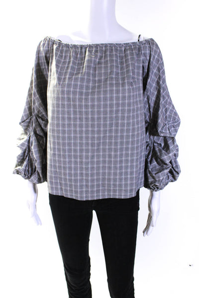 Guest Editor Womens Gray Plaid Off Shoulder Puff Long Sleeve Blouse Top Size S