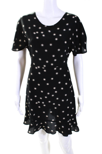 Pam & Gela Womens Black Silk Printed Boat Neck Short Sleeve Mini Dress Size 2
