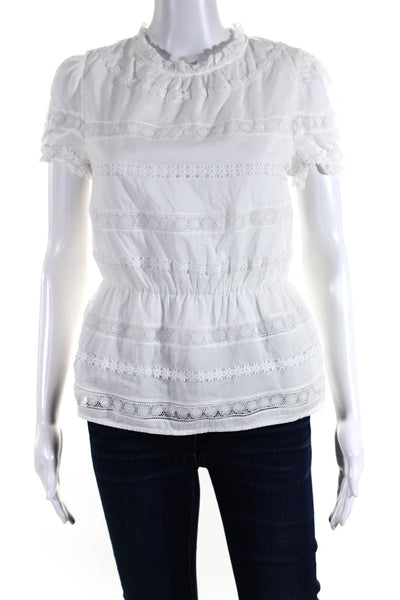 J Crew Womens Cotton Knit Floral Short Sleeve Peplum Blouse Top White Size 2XS
