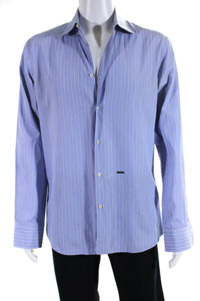Dsquared2 Mens Cotton Striped Print Long Sleeve Button Down Shirt Blue Size 52