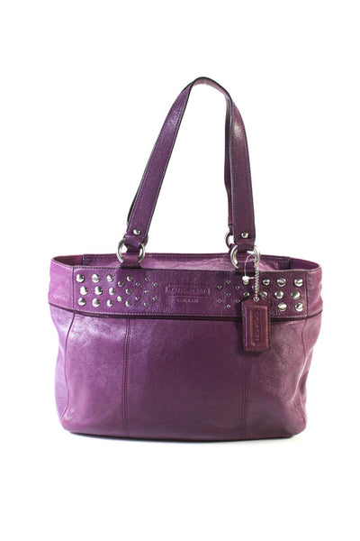 Coach Women's Zip Closure Top Handle Studs  Pockets Tote Handbag Purple Size M