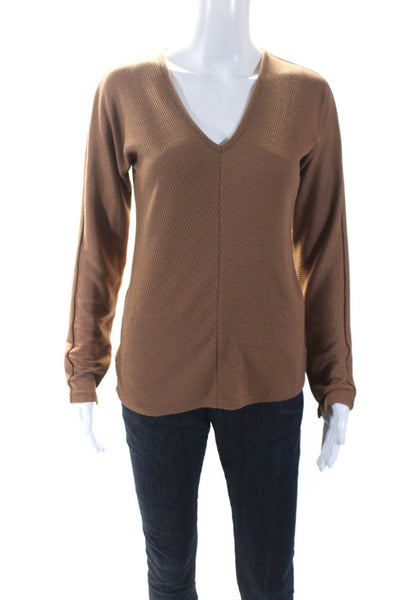 Rag & Bone Womens Ribbed Knit V-Neck Long Sleeve Top T-Shirt Brown Size M