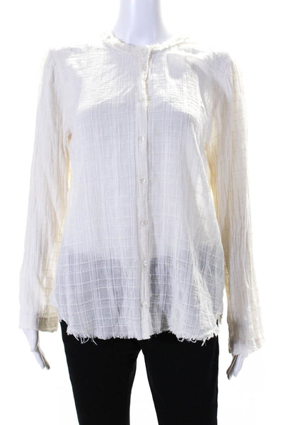 Raquel Allegra Womens Button Front Fringe Check Woven Top White Cotton Size 2